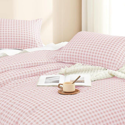 Andency Pink Gingham Comforter Set Queen(90x90Inch), Blush Checkered Grid Plaid Buffalo Bed Set for Girls Boys Kids Teens, 3 Pieces Lightweight Microfiber Geometric Preppy Bedding