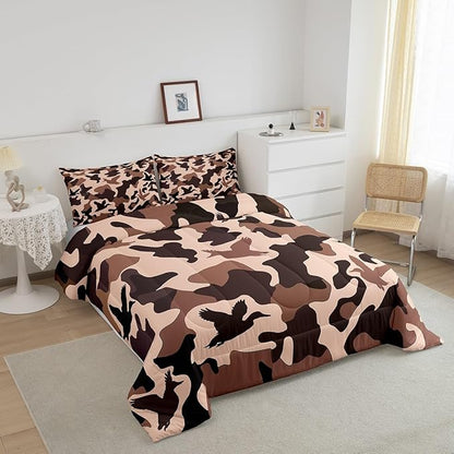 Erosebridal Camo Comforter Set King Size Duck Hunter Bedding for Kids Girls Army Camouflage Hunting Bedding Comforter Sets Vintage Pink Brown Room Decor Wild Animal Duck Farmhouse Duvet Insert