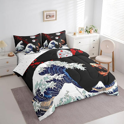 Erosebridal Koi Fish Bed in a Bag 7 Piece,Ukiyo-E Theme Comforter Set Twin,Abstract Sea Wave Decor Down Comforter,Japanese Style Fitted Sheet,Red Cherry Blsossoms Bedding Set with Pillowcase & Sham
