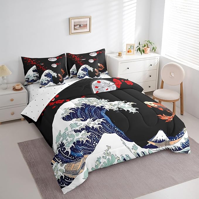 Erosebridal Koi Fish Bed in a Bag 7 Piece,Ukiyo-E Theme Comforter Set King,Abstract Sea Wave Decor Down Comforter,Japanese Style Fitted Sheet,Red Cherry Blsossoms Bedding Set with Pillowcase & Sham