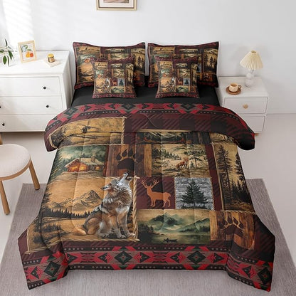 Erosebridal Deer Wolf Comforter Set Queen Size,Boho Tribal Ethnic Bed in a Bag for Kids Boys Girls Teens,Vintage Patchwork Bed Set,Woodland Jungle Wild Animal Reversible Bed Sets with Sheet Set