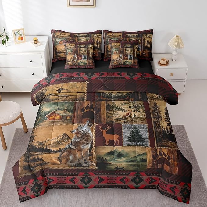 Erosebridal Deer Wolf Comforter Set Twin Size,Boho Tribal Ethnic Bed in a Bag for Kids Boys Girls Teens,Vintage Patchwork Bed Set,Woodland Jungle Wild Animal Reversible Bed Sets with Sheet Set