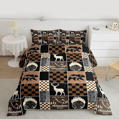 Boys Bear Deer Plaid Comforter Set, Rustic Cabin Lodge Bedding For Kids Bedroom, Brown Black Buffalo Quilt Hunting Wildlife Camping Farmhouse Patchwork Duvet Insert Deer Decorations For Home, King