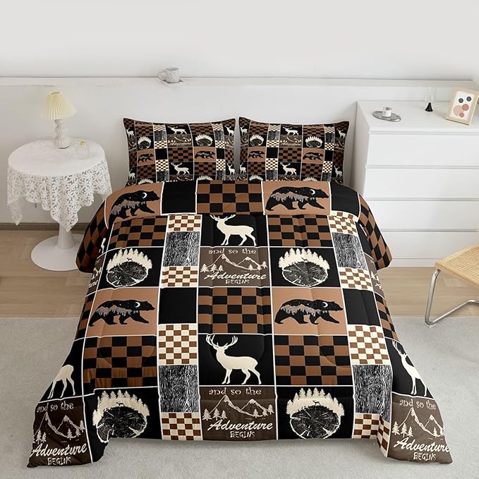 Boys Bear Deer Plaid Comforter Set, Rustic Cabin Lodge Bedding For Kids Bedroom, Brown Black Buffalo Quilt Hunting Wildlife Camping Farmhouse Patchwork Duvet Insert Deer Decorations For Home, Twin
