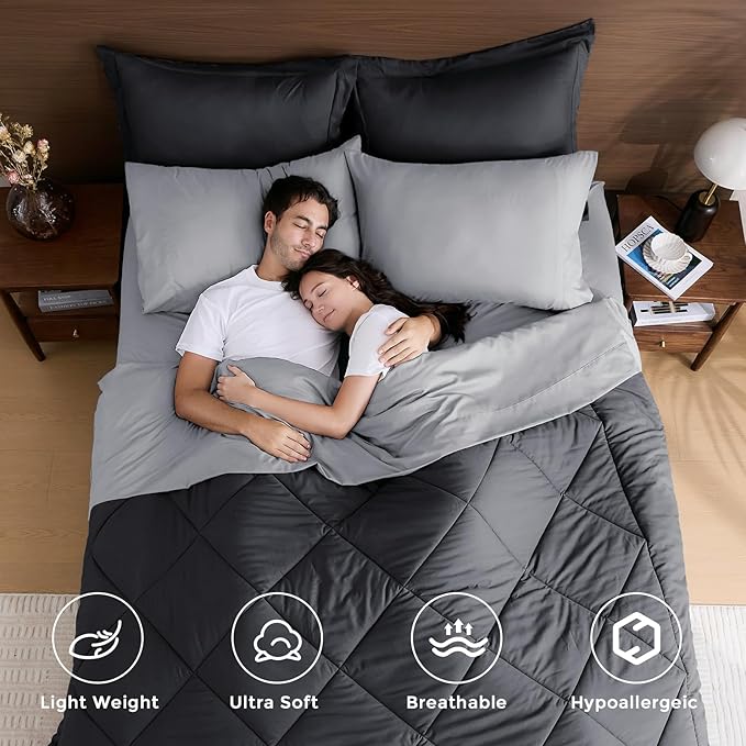HEVUMYI Full Comforter Set - 7-Piece All Season Bed in a Bag Full, Ultra Soft Bedding Set with Comforter, Flat Sheet, Fitted Sheet, Pillowcases, Pillow Shams, Dark Grey & Light Grey