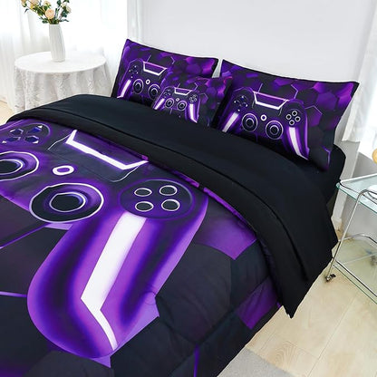 URBONUR 6 Pieces Twin Bed Set for Boys Girls E-Sports Themed 3D Game Consoled Pattern Bedding Comforter Set with Sheets for Kids Room Decor, Purple