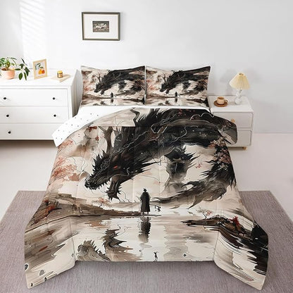 Feelyou Dragon Comforter Set Full Size Japanese Style Comforter for Boys Girls Teens Samurai Bedding Set Japanese Ukiyoe Duvet Set Room Decor Black Beige Quilt Set