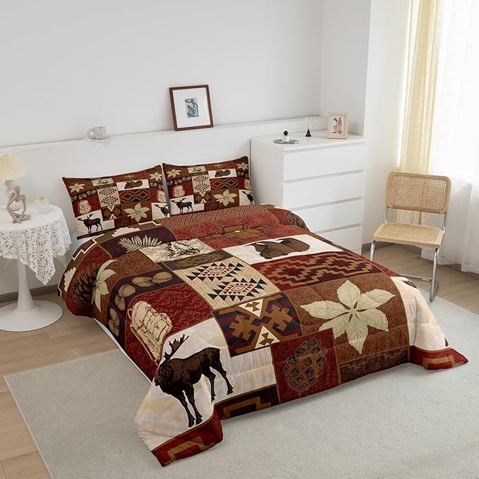 Buffalo Plaid Comforter Set Cabin Decor,Bear Elk Deer Wild Animal Bedding Sets Fall Leaves Pine Cones Duvet Insert Wildlife Hunting Theme Quilt Patchwork Bohemian Floral Down Comforter,Twin 2Pcs