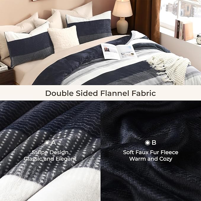Litanika Fluffy Fleece Twin Comforter Set, Luxury Soft Plush Fuzzy Black Blue Stripe Bedding Comforter Sets, Warm Shaggy Faux Fur Bed Set All Season (1 Comforter, 1 Pillowcase)