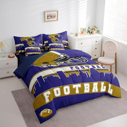 Erosebridal Football City 7 Pcs Comforter Set Twin Football Bedding for Kids Purple Rugby Game Sheet Set Bed in A Bag Football Fans Bedroom Decor Sports Ball Competition Bed Set
