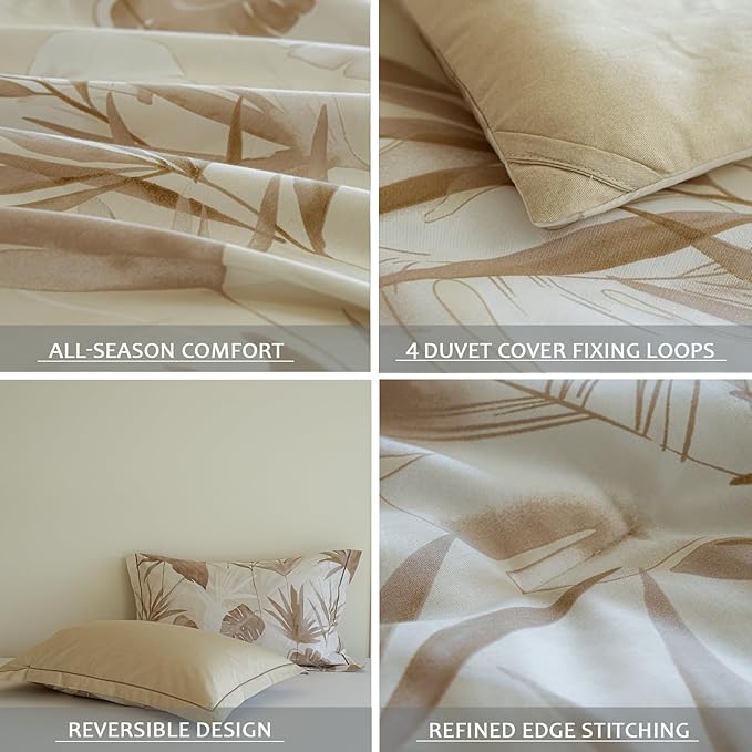 Cotton Queen Size Comforter Set, 3Pcs All Seasons Floral Duvet with Corner Tabs,Beige Soft Bedding Set, 1 Lightweight Comforter and 2 Pillow Shams