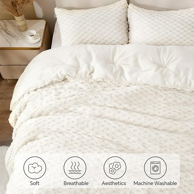 BEDELITE Fluffy King Size Comforter Set - Cream White Fleece Soft Comforter for King Size Bed, Luxury Warm Bedding Set for Winter, Fuzzy Bed Set 3 Pieces (1 Comforter, 2 Pillowcases)