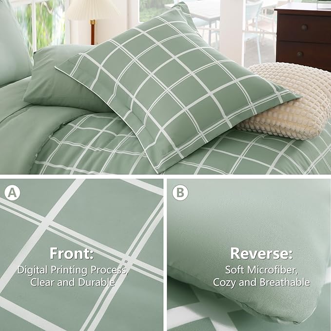 CozyLux King Size Comforter Set Sage Green - 7 Pieces Plaid Bed in a Bag Set, Soft Bed Set King Bedding Sets with All Season Quilted Comforter, Flat Sheet, Fitted Sheet, Pillowcases & Pillow Shams