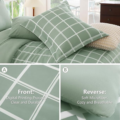 CozyLux King Size Comforter Set Sage Green - 7 Pieces Plaid Bed in a Bag Set, Soft Bed Set King Bedding Sets with All Season Quilted Comforter, Flat Sheet, Fitted Sheet, Pillowcases & Pillow Shams