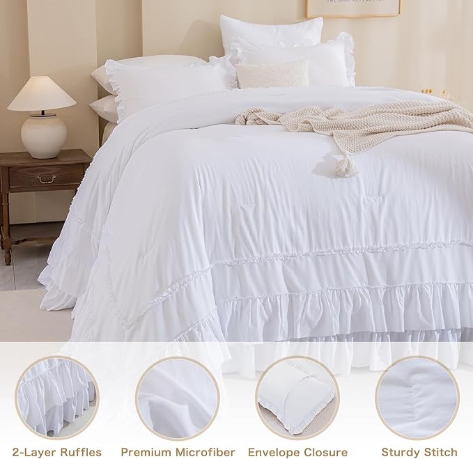 QSH Oversized King Comforter Set 120x120, White Farmhouse Ruffled Bed Comforter Shabby French Country Rustic Vintage Bedding Comforter Microfiber Soft Lightweight Fluffy Bedding 3 PCs