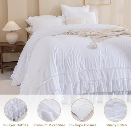 QSH Oversized King Comforter Set 120x120, White Farmhouse Ruffled Bed Comforter Shabby French Country Rustic Vintage Bedding Comforter Microfiber Soft Lightweight Fluffy Bedding 3 PCs