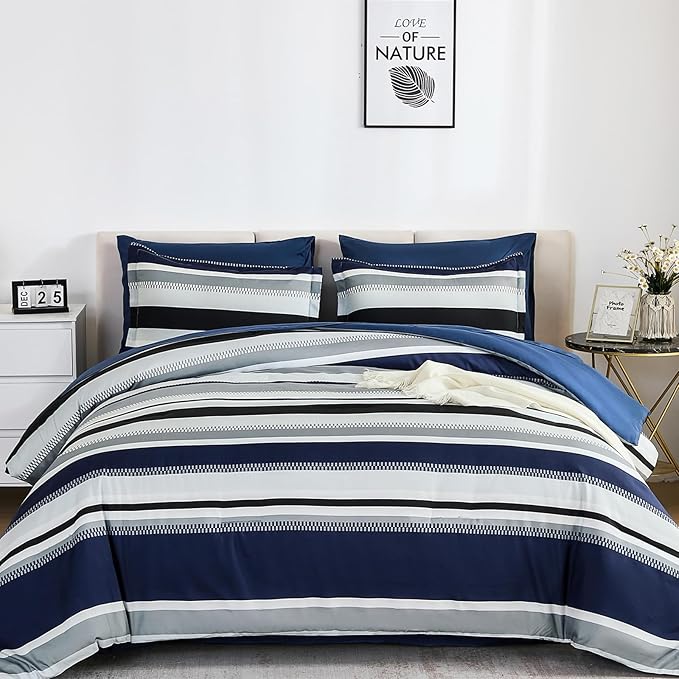 WONGS BEDDING Comforter California King Size, Navy Blue Striped Cal King Comforter Set, 7 Pieces Bed in a Bag Soft Bedding Set with Comforter, Flat Sheet, Fitted Sheet, Pillow Shams, Pillowcase