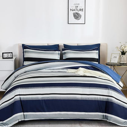 WONGS BEDDING Comforter California King Size, Navy Blue Striped Cal King Comforter Set, 7 Pieces Bed in a Bag Soft Bedding Set with Comforter, Flat Sheet, Fitted Sheet, Pillow Shams, Pillowcase