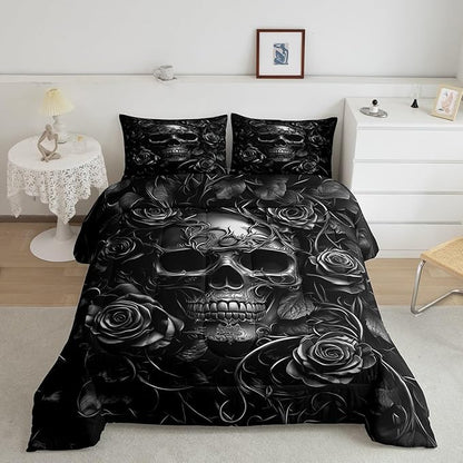 Erosebridal Gothic Bedding Set for Adluts Kids Teens Goth Skull Twin Comforter Set Vintage Victorian Romantic Gray Rose Floral Quilt Spooky Grunge Skeleton Boho Horror Bedding,Gothic Decor
