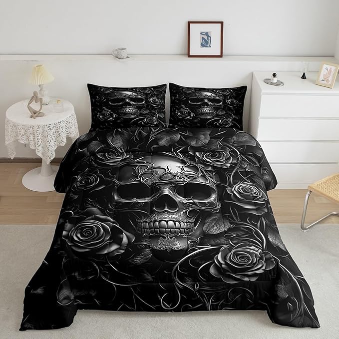 Erosebridal Gothic Bedding Set for Adluts Kids Teens Goth Skull Toddler Comforter Vintage Victorian Romantic Gray Rose Floral Quilt Spooky Grunge Skeleton Boho Horror Bedding,Gothic Decor