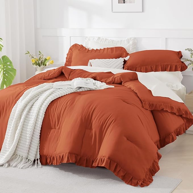 Andency Terracotta Ruffle Comforter Twin XL(68x92Inch), 2 Pieces(1 Ruffled Comforter and 1 Pillowcase) Solid Farmhouse Shabby Chic Bed, Vintage Rustic Soft Microfiber Bedding Set