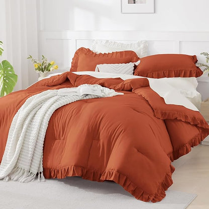 Andency Terracotta Ruffle Comforter Twin XL(68x92Inch), 2 Pieces(1 Ruffled Comforter and 1 Pillowcase) Solid Farmhouse Shabby Chic Bed, Vintage Rustic Soft Microfiber Bedding Set