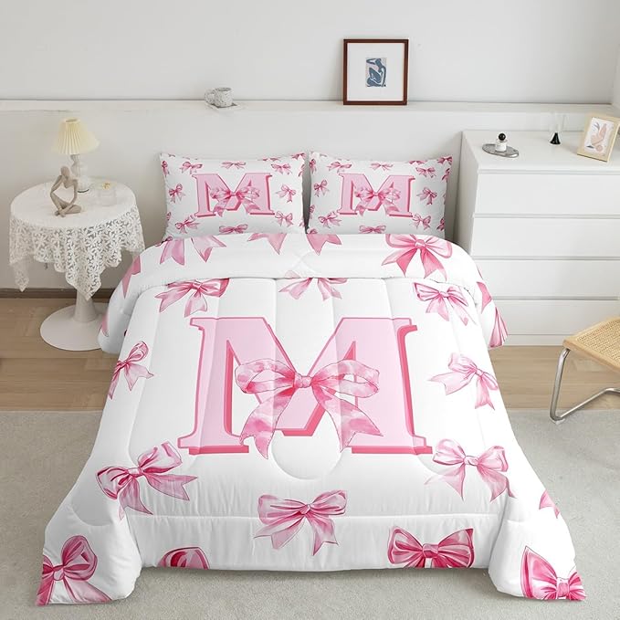 Erosebridal Pink Bowknot Queen Bedding Set for Girls,Initial Letter M Comforter Set for Kids Teen Women Room Decor,Pink Watercolor Monogrammed Bedding Comforter Sets Dreamy Princess Bow Quilt Duvet