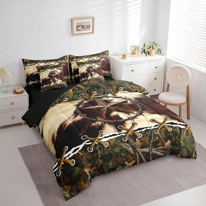 Rustic Bed in a Bag Queen Comforter Set 7-Piece,Cowhide Western Texas Star Bedding Sets Mens Tree Leaves Hunting Comforter and Sheet Set, Woodland Animals Farmhouse Room Decor,Camo Cabin Country Decor