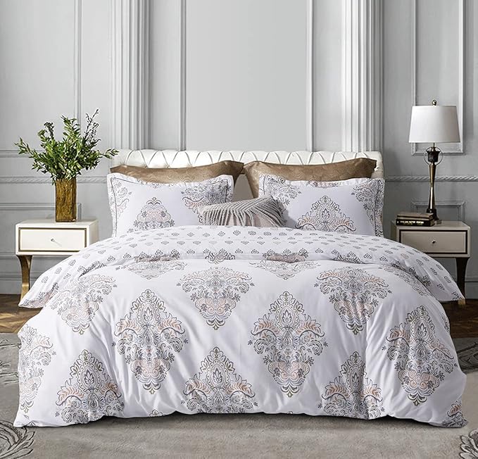 SLEEPBELLA Comforter Queen Size, 600 Thread Count Cotton Yellow & Blue Damask with Taupe Brown Reversible Pattern White Comforter Sets,Down Alternative Bedding Set 3Pcs (Queen, White Damask)