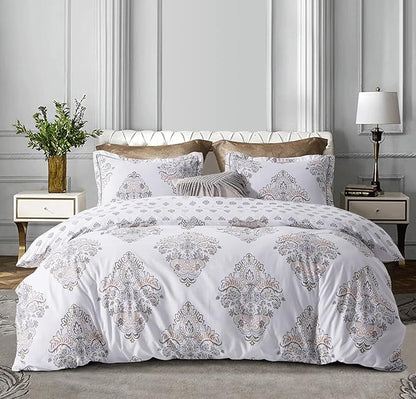 SLEEPBELLA Comforter Queen Size, 600 Thread Count Cotton Yellow & Blue Damask with Taupe Brown Reversible Pattern White Comforter Sets,Down Alternative Bedding Set 3Pcs (Queen, White Damask)