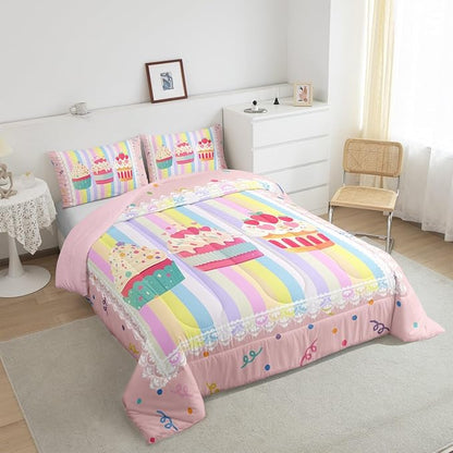 Kawaii Dessert Kids Comforter Set King Size,Watercolor Cute Cupcake Pattern Reversible Bedding Set All Season Quilt Set,Dots Sketch Rainbow Stripes Plaid Soft Warm Polyester Down Comforter