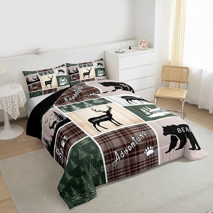 Rustic Cabin Lodge Bedding Full Size, Bear Deer Elk Comforter Set Vintage Farmhouse Adventure Quilt Woodland Forest Animal Grid Claw Bedding Comforter Sets Rustic Farmhouse Home Decor, Green Brown