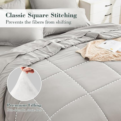 EMME King Comforter Set - 7 Piece, Ultra Soft Grey Bedding Sets, Bed in a Bag King, All Season Brushed Bed Set with 1 Comforter, 1 Flat Sheet, 1 Fitted Sheet, 2 Pillowcases and 2 Pillow Shams