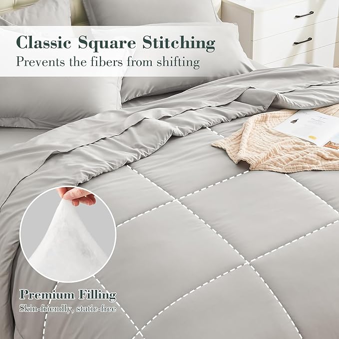 EMME Twin Comforter Set - 5 Piece, Ultra Soft Grey Bedding Sets Twin, Bed in a Bag, All Season Brushed Bed Set with 1 Comforter, 1 Flat Sheet, 1 Fitted Sheet, 1 Pillowcase and 1 Pillow Sham
