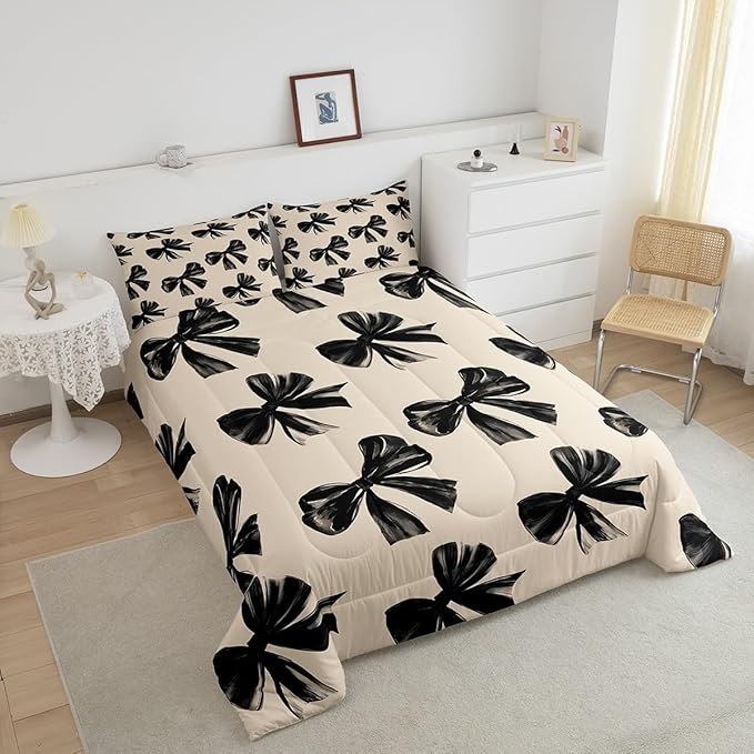 Erosebridal Bow Bedding Set Full Black Bow Tie Bedding Comforter Sets for Kids Teen Adults Room Decor,Watercolor Bowknot Comforter Set Black White Simple Decor Bed Duvet Set