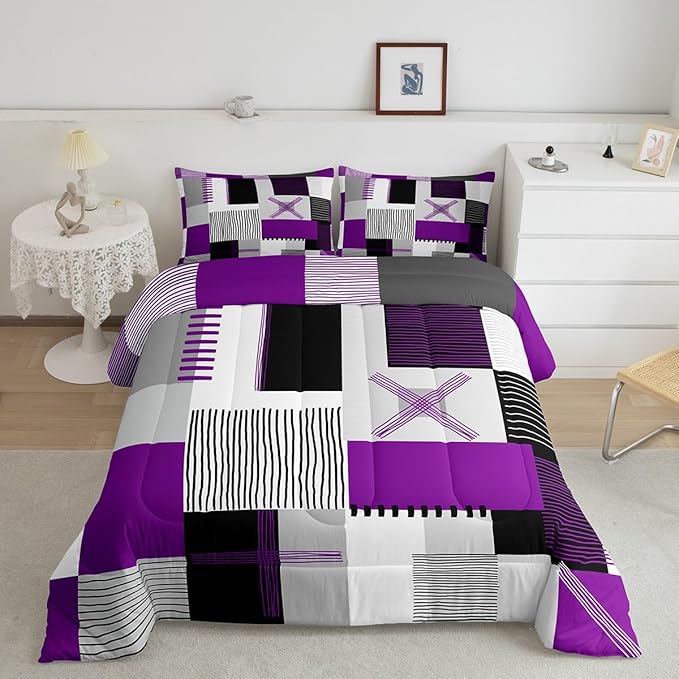 Erosebridal Purple Grey Queen Comforter Set for Girls Women Black White Abstract Bedding Set for Kids Adults Geometric Square Quilt Grids Checkered Duvet Insert Modern Fashion Room Decor 3 Pcs