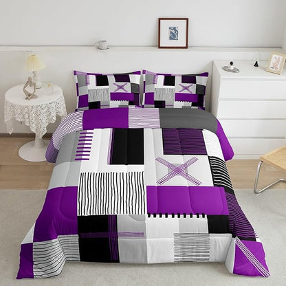 Erosebridal Purple Grey Queen Comforter Set for Girls Women Black White Abstract Bedding Set for Kids Adults Geometric Square Quilt Grids Checkered Duvet Insert Modern Fashion Room Decor 3 Pcs