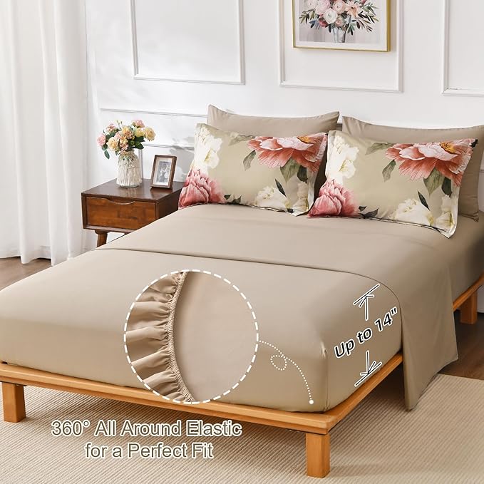 Dobuyly King Size Comforter Set 7 Piece Bed in a Bag, Pink Floral Printed on Khaki Comforter Set with Sheets, Soft Microfiber Botanical Farmhouse Bedding Set for All Season