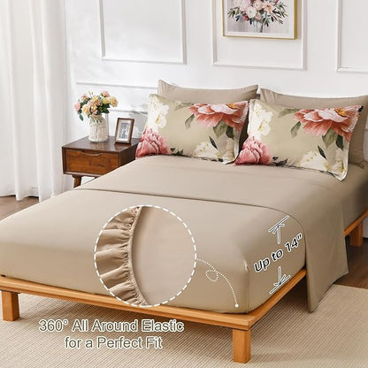 Dobuyly Queen Comforter Set 7 Piece Bed in a Bag, Pink Floral Printed on Khaki Comforter Set with Sheets, Soft Microfiber Botanical Farmhouse Bedding Set for All Season