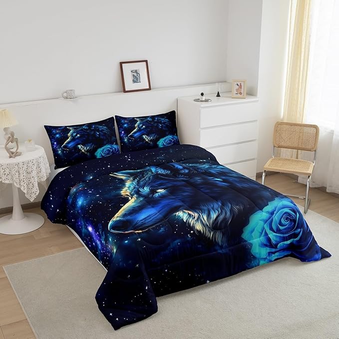 Galaxy Wolf Comforter Set for Kids Adults,Romantic Rose Mystery Universe Bedding Comforter Sets Toddler,Tie Dyed Starry Sky Quilt Comforter with 1 Pillowcase for All Season Bedroom