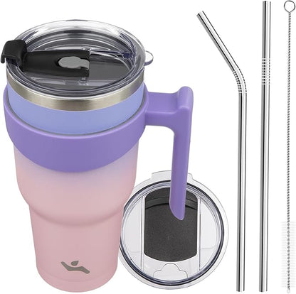 40 oz Tumbler with Handle and 2 Straw 2 Lid, Insulated Water Bottle Stainless Steel Vacuum Cup Reusable Travel Mug,Pastel Sunset