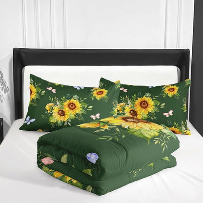3 Piece Green Sunflower Comforter Sets Twin Size, Farmhouse Floral Bedding Set for Girls Boys Adults,3 Piece Bed in A Bag, Ultra Soft Microfiber All Season Yellow Flower Bedding Set