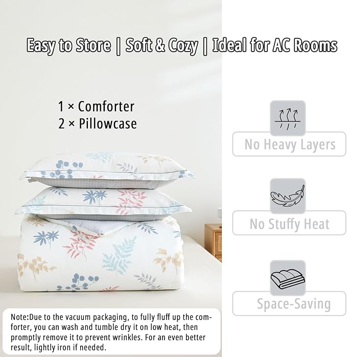 White Cotton Comforter King Size 3Pcs - Blue, Beige and Blush Botanicals Pattern on White, Gray Grid Back, Reversible Lightweight Bedding Sets with Soft Fill(King, 104"×90")