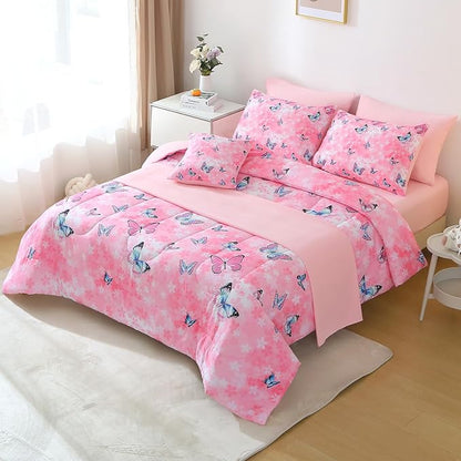 JQinHome 8 Pc Butterfly Comforter Set Queen, 3D Pink Flower Printed Bedding Set for Girls Women, All Season Microfiber Butterfly Theme Home Decor Bedding with Sheet Sets