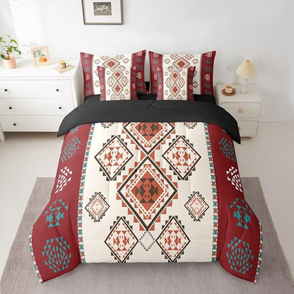 Erosebridal Vintage Western Bed in A Bag Queen 7 Pcs Exotic Geometric Aztec Comforter Set for Kids Teens Farmhouse Bohemian Mexican Style Bedding Sets Native Southwestern Sheet Set with Comforter