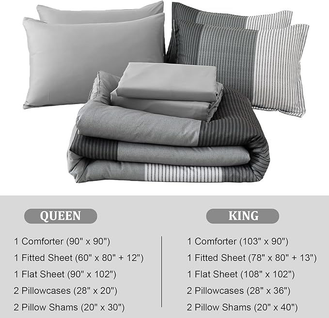 Anibedding Grey Queen Comforter Set 7 Pieces, Ombre Striped Bed in a Bag Queen with Sheet Sheet, All Season Boho Patchwork Down Alternative Comforter Bedding Set