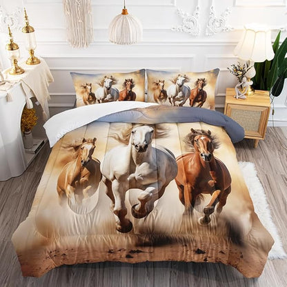 Kid Galloping Horse Comforter Set Twin Animal Theme Handsome Horse Bedding Set Wild Animal Grey Sky Sand Decor Quilt Bed Set for Boys Girls Adult, 1 Comforter + 2 Pillowcases