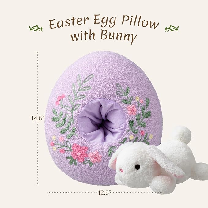Phantoscope Happy Easter Egg Shaped Throw Pillow with Bunny, Teddy Fleece Soft Egg Pillow with Floral Embroidered Decorative Pillows for Couch Sofa Bed Chair, Favors Gifts, Purple, 14.5 x 12.5 Inches