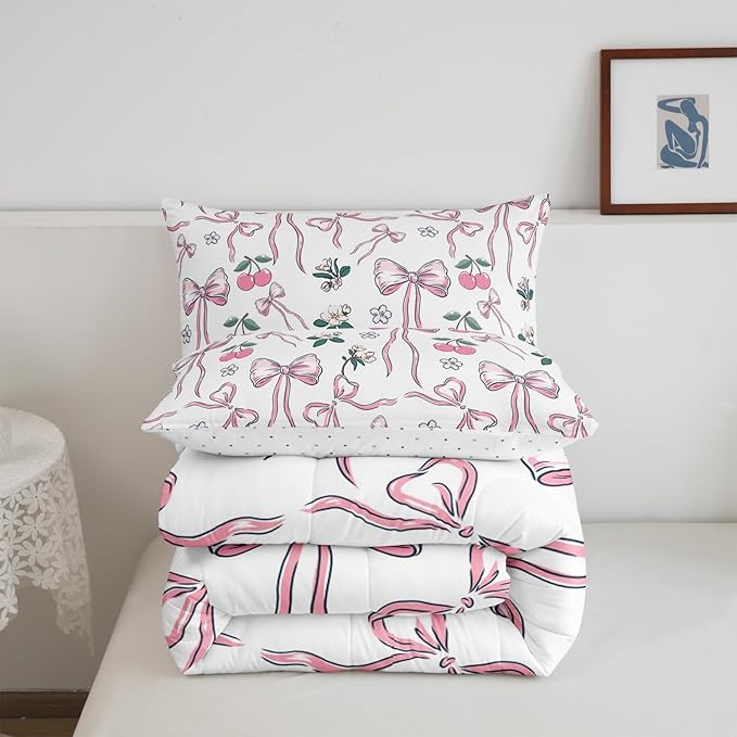 Feelyou Pink Girls Bow Comforter Set for Kids Boys Girls Kawaii Cherry Print Comforter Full Size Cute Bowknot Bedding Set Bedroom Decor Floral Botanical Duvet Set Kawaii Quilt Set 3Pcs
