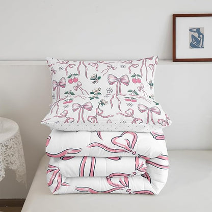 Feelyou Pink Girls Bow Comforter Set for Kids Boys Girls Kawaii Cherry Print Comforter King Size Cute Bowknot Bedding Set Bedroom Decor Floral Botanical Duvet Set Kawaii Quilt Set 3Pcs